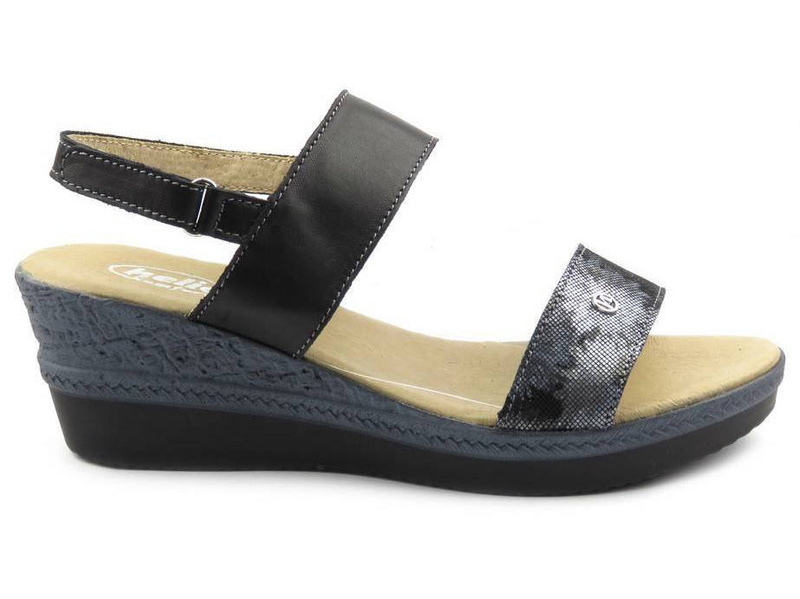 Skórzane sandały damskie na ozdobnym koturnie - HELIOS Komfort 250, czarne