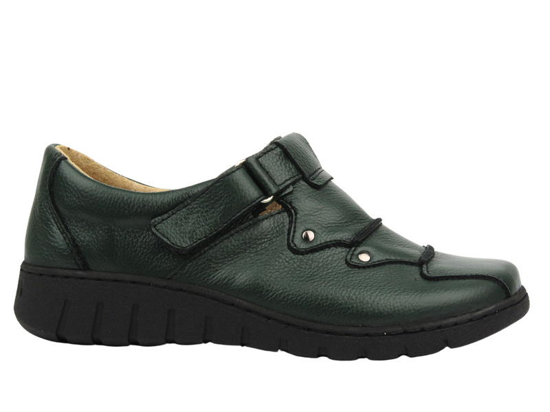Skórzane półbuty damskie zapinane na rzep - Helios Komfort 780-2S, zielone
