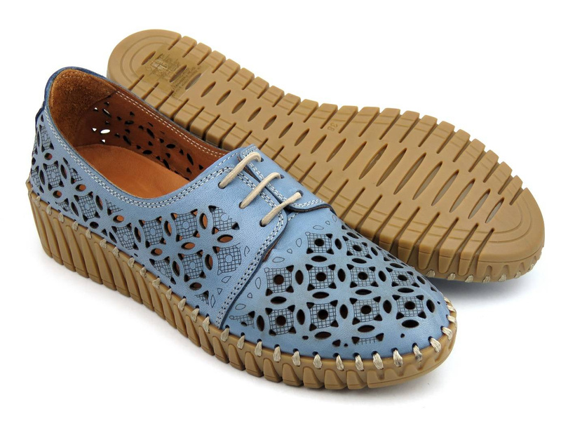 Ażurowe półbuty damskie ze skóry naturalnej - MANITU 850021, niebieskie