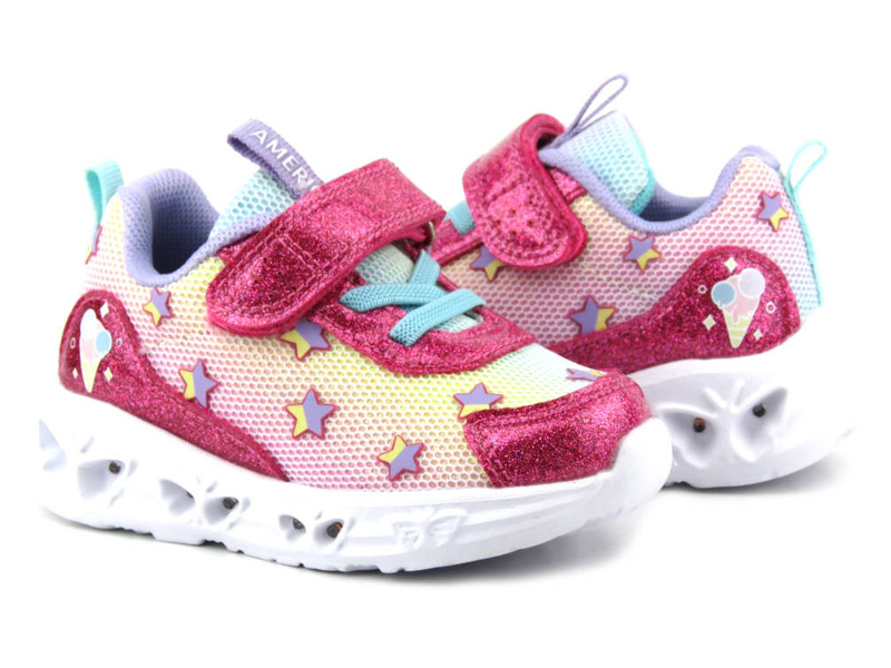 Buty dziecięce sportowe ze świecącą podeszwą - American Club ES134/23, ciemnoróżowe