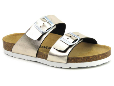 Wygodne klapki damskie na grubej podeszwie i z klamrami - Brinkmann 701394-82, złote