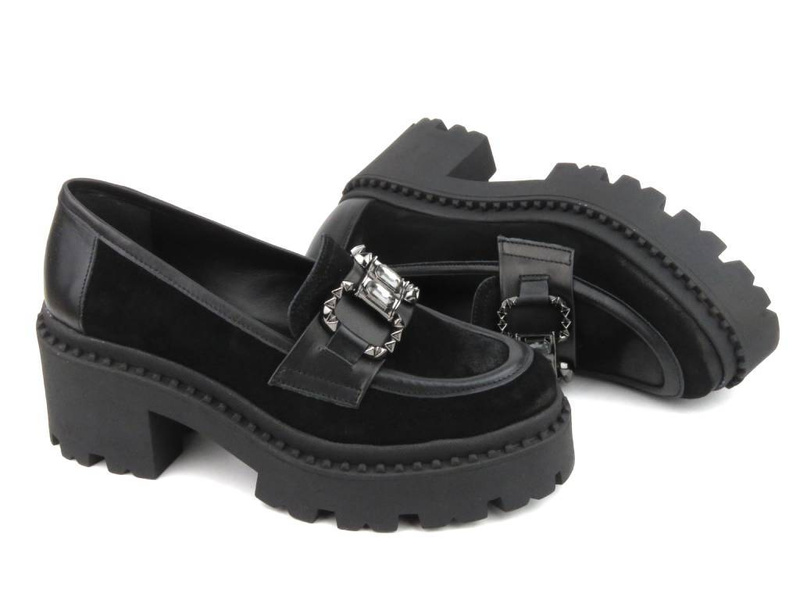 Półbuty, loafersy damskie na platformie - UNCOME 37102, czarne