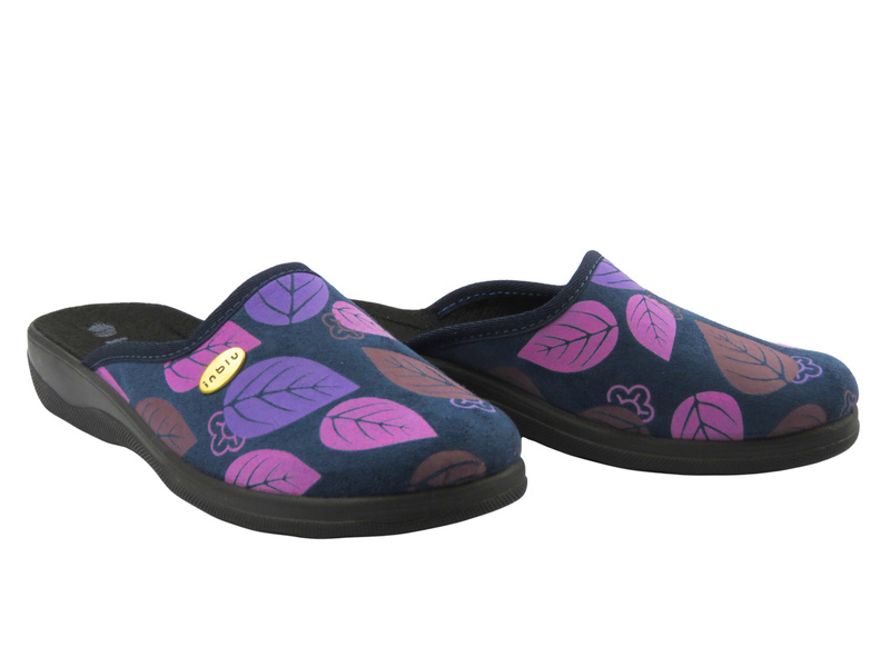 Damskie kapcie Inblu CA-5F granatowe z kolorowym motywem liści