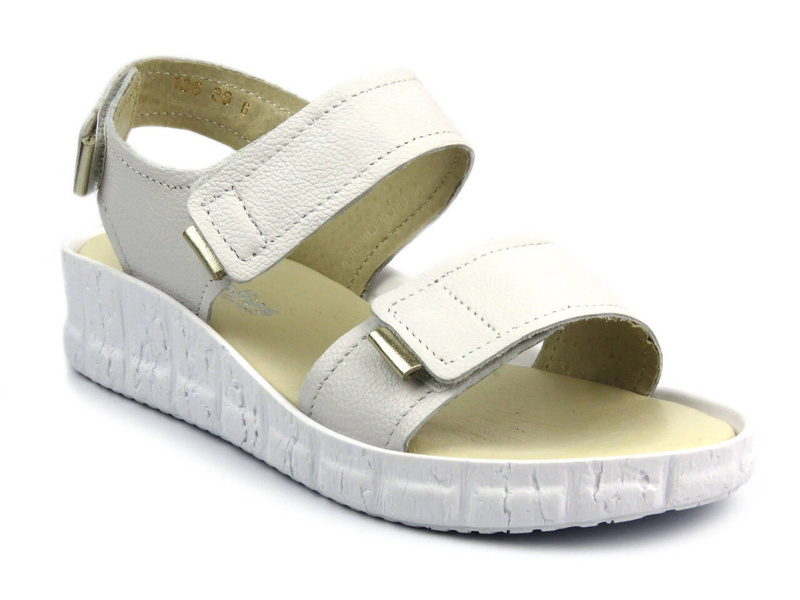 Skórzane sandały damskie na rzepy - Helios 136, białe