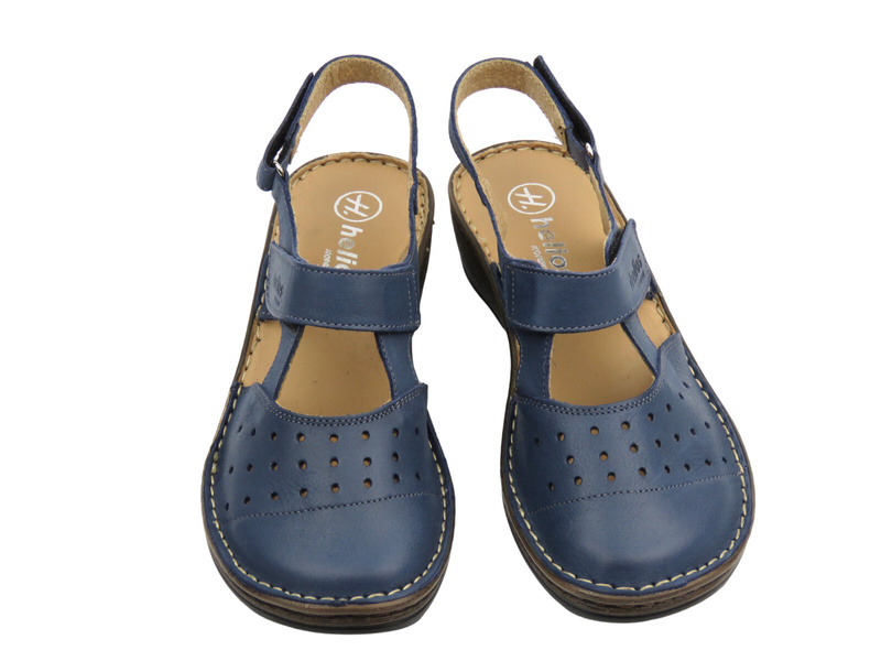 Skórzane sandały damskie na koturnie granatowe Helios Komfort 150