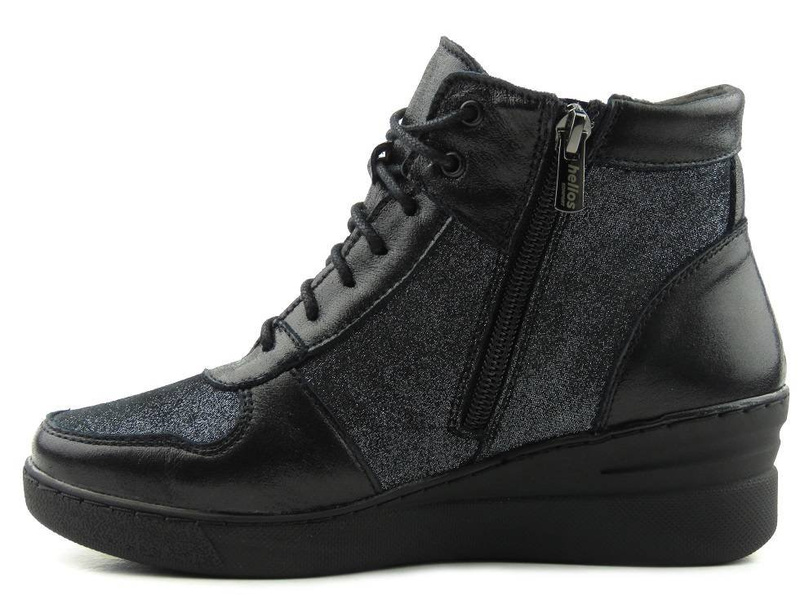 Skórzane botki, sneakersy damskie polskiej marki HELIOS Komfort 597, czarne z brokatem
