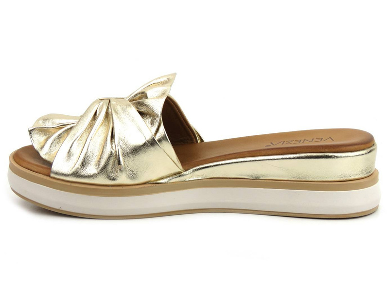 Skórzane klapki damskie z kokardą - VENEZIA 0301330111, złote