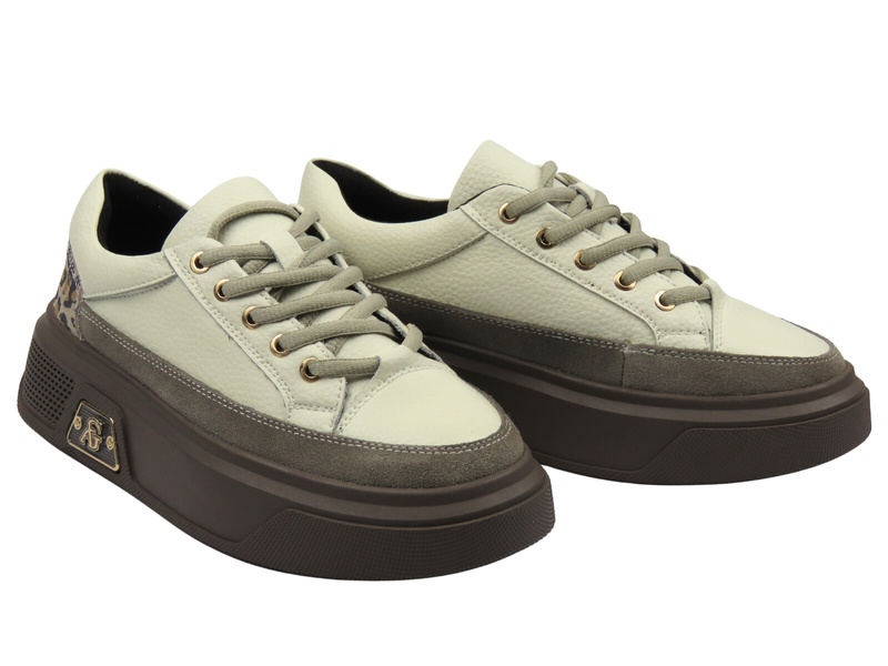 Skórzane sneakersy damskie na platformie beżowe Cambell 25-19343