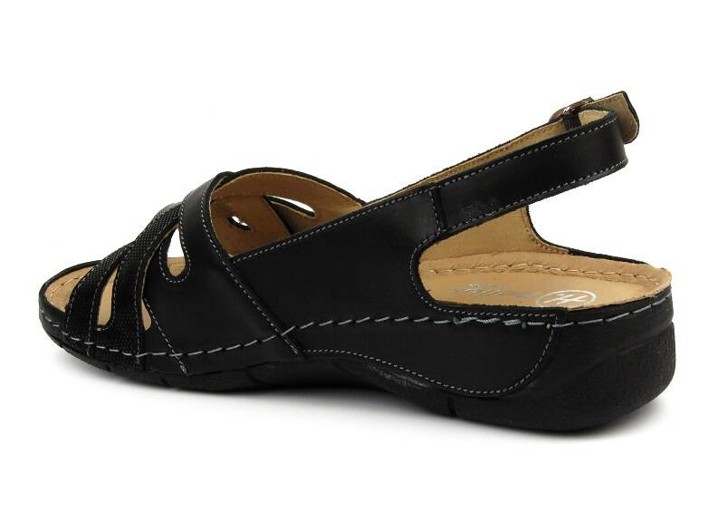 Skórzane sandały damskie na platformie - HELIOS Komfort 134, czarne