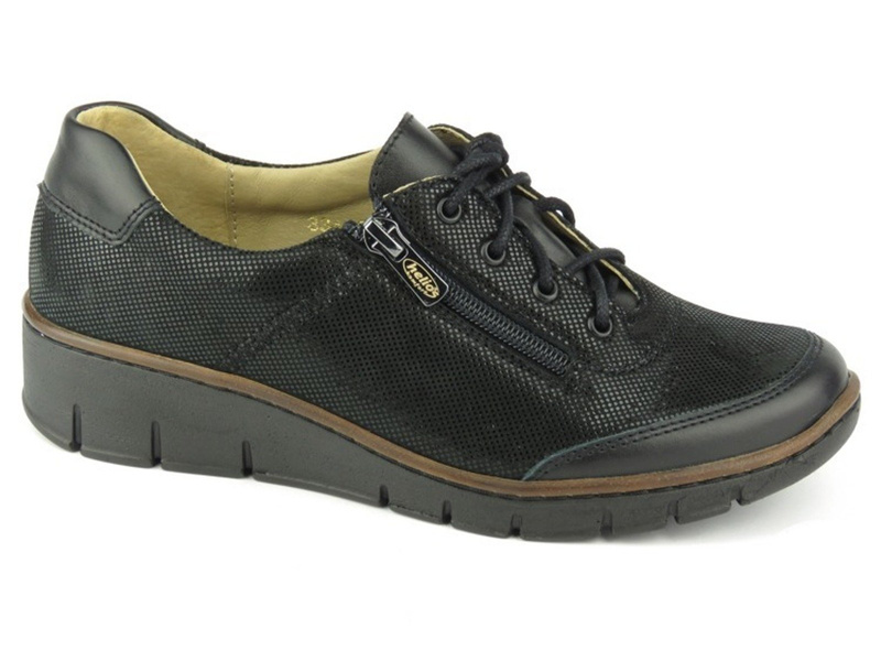 Skórzane sneakersy damskie z suwakiem - Helios Komfort 334, czarne