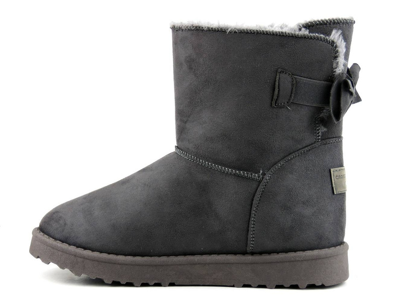 Ciepłe śniegowce damskie a la emu - CROSS JEANS EE2R4149C, szare z kokardką