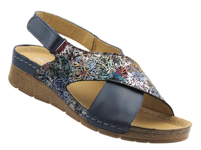 Skórzane sandały damskie ze skrzyżowanymi paskami - Helios Komfort 253, granatowe