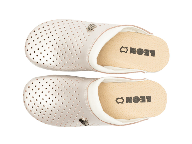 Skórzane Klapki Damskie Leon PU100 perłowe