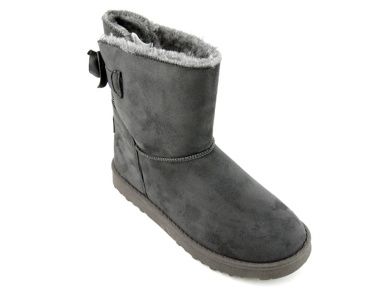 Ciepłe śniegowce damskie a la emu - CROSS JEANS EE2R4149C, szare z kokardką