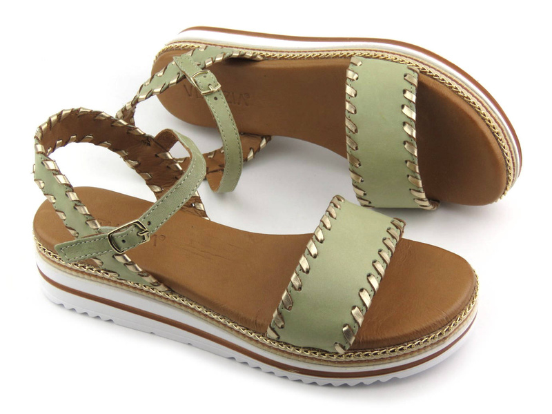 Sandały damskie na platformie - VENEZIA ESTI 261600, zielone ze złotymi przeszyciami