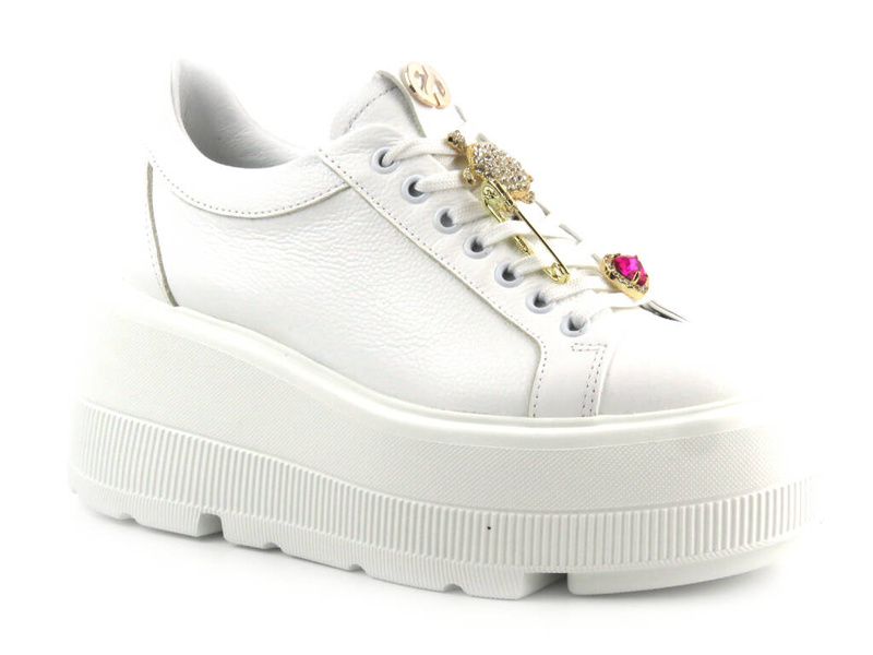 Skórzane buty damskie na platformie - Carinii B9376, białe