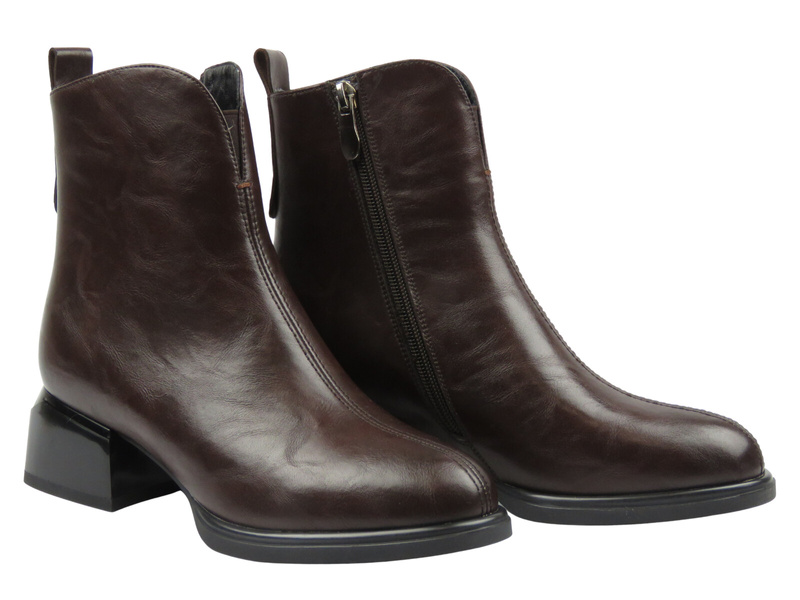 Ocieplane botki damskie na obcasie brązowe Cambell 25-55319