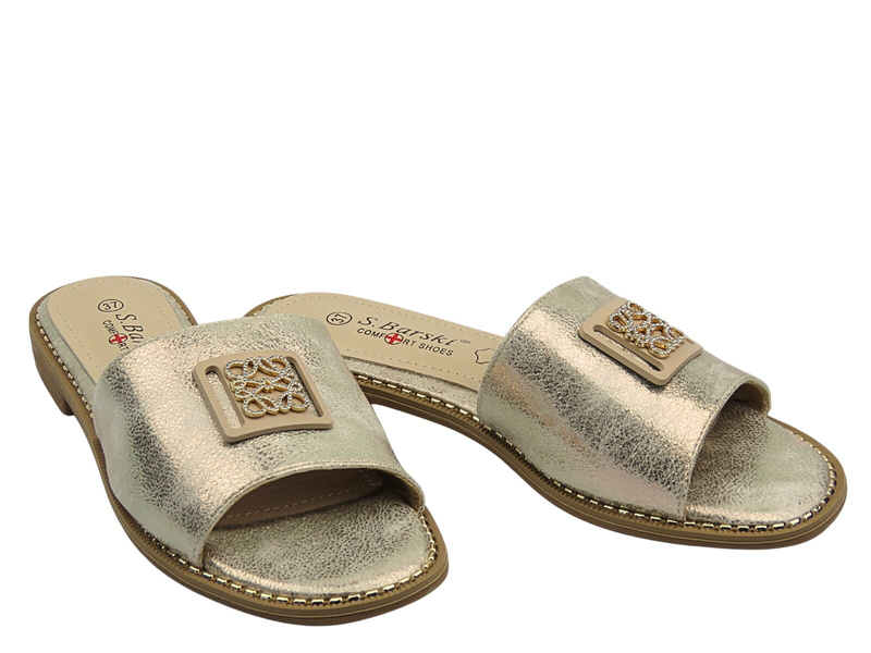 Klapki damskie - S. Barski KV51-089, złote ozdobna klamra