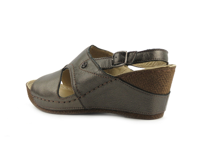 Skórzane Sandały damskie na koturnie HELIOS 217, brązowe