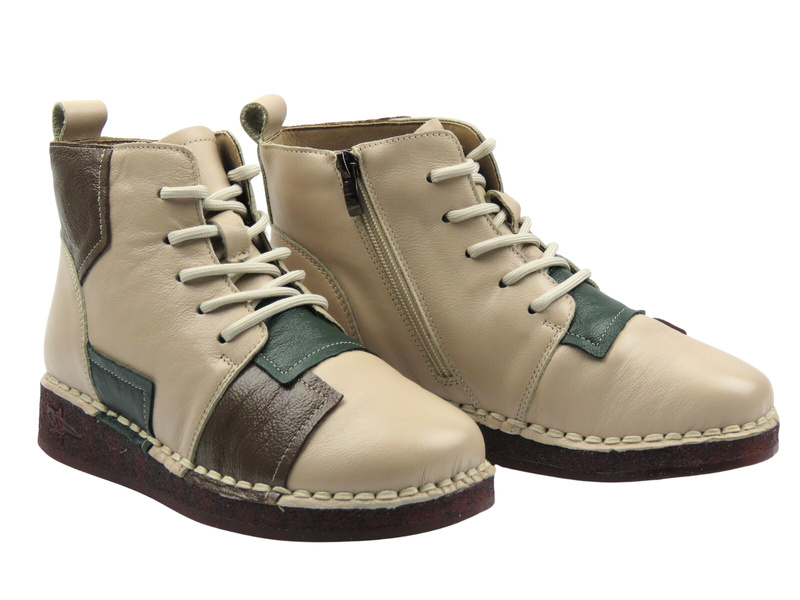 Skórzane Wygodne Botki Damskie - Cambell 25-15306 Beżowe Na Zamek