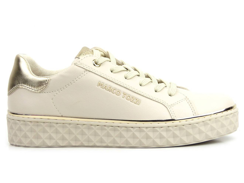 Sneakersy damskie ze skóry ekologicznej - MARCO TOZZI 2-23705-41, beżowe ze złotem