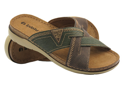 Wygodne klapki męskie z miękkiej skóry INBLU VI-11, brązowo-zielone