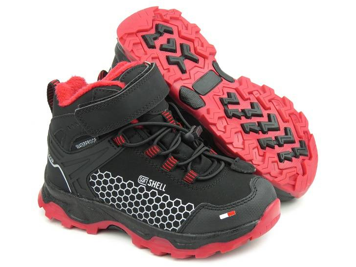 Śniegowce, trekkingi dziecięce z softshell - AMERICAN CLUB HL 29/22, czarne z czerwonym