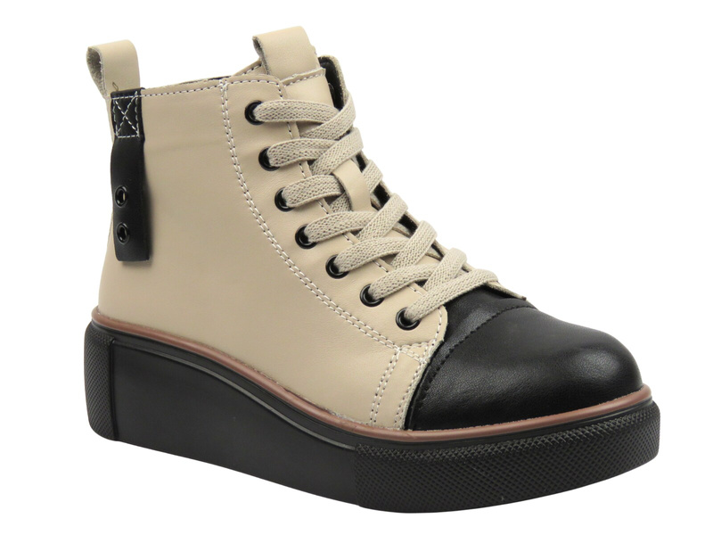 Skórzane trzewiki, trapery damskie beżowe Nika Komfort H-218