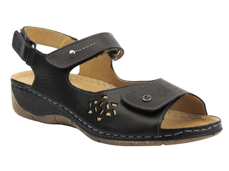 Skórzane sandały damskie na grubej podeszwie - Helios Komfort 266-2, czarne