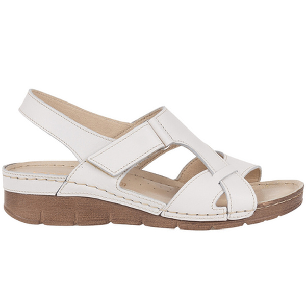 Skórzane sandały damskie na rzep - Syrena 908, jasnobeżowe