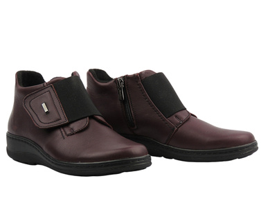 Wygodne botki damskie na rzep - HELIOS Komfort 512, ciemna wiśnia