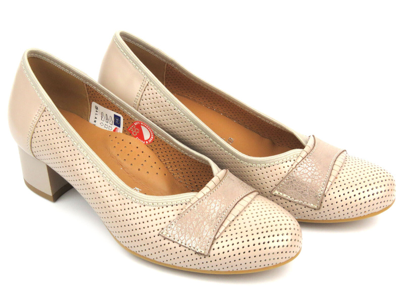 Skórzane czółenka na obcasie z dodatkowymi flekami - GALANT 1042, beżowe