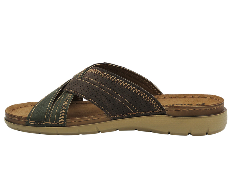 Wygodne klapki męskie z miękkiej skóry INBLU VI-11, brązowo-zielone