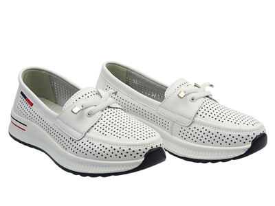 Skórzane półbuty damskie ażurowe białe Nika Komfort H-647