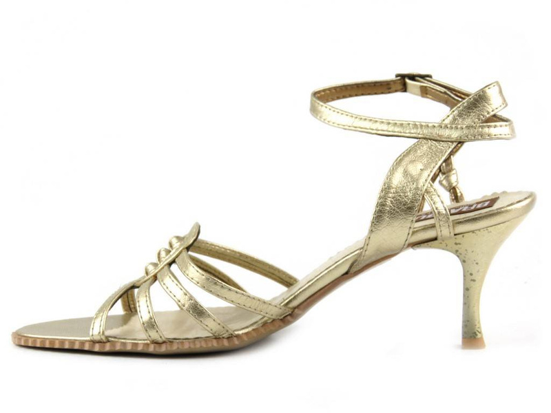 Skórzane sandały damskie na szpilce - Bratbut S-1, złote