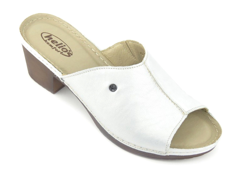 Skórzane klapki damskie na klocku - HELIOS Komfort 222, srebrne