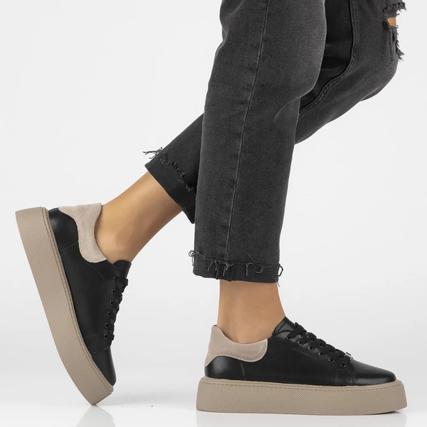 Skórzane sneakersy damskie na platformie-Filippo DP6119/24, czarno-beżowe