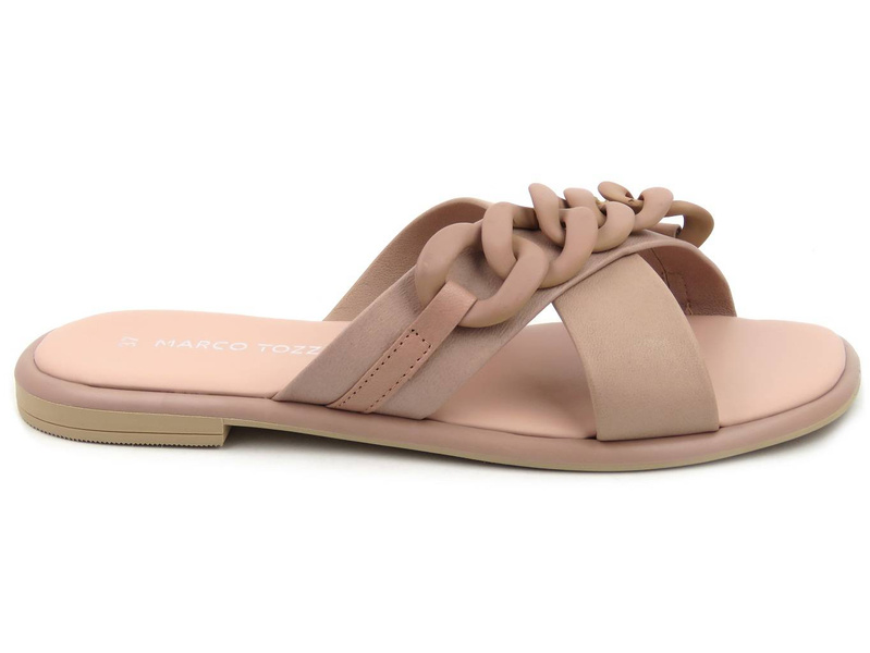 Skórzane klapki damskie z łańcuchem - MARCO TOZZI 27121, różowe