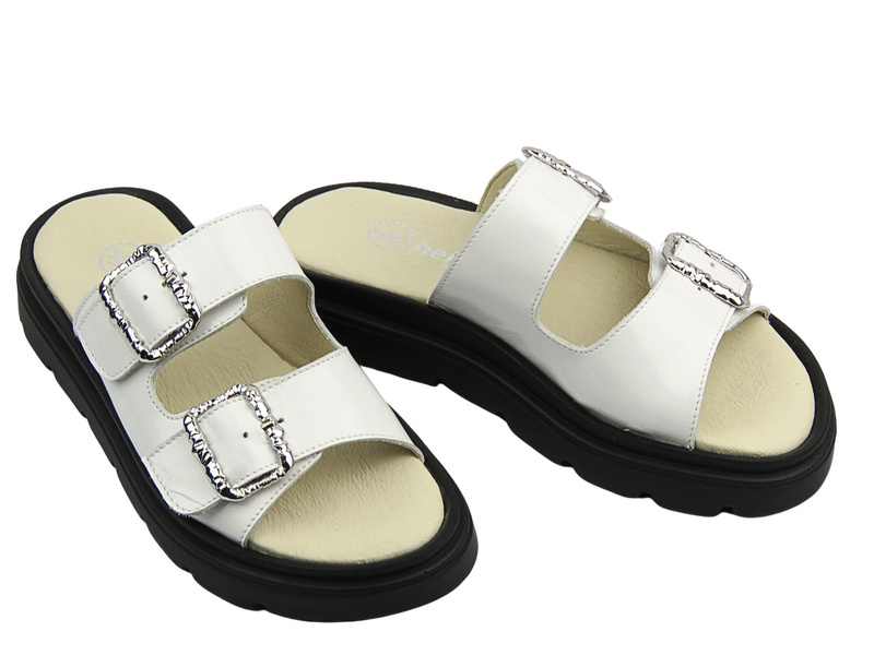 Skórzane klapki damskie z regulowanymi paskami - HELIOS Komfort 158, białe