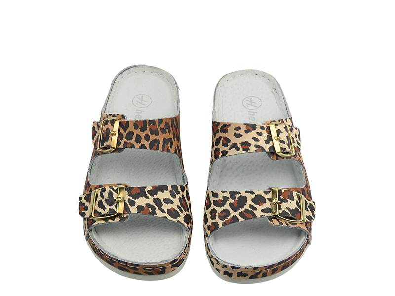 Wygodne klapki damskie lekarskie, sanitarne brązowe w panterkę HELIOS Komfort 288