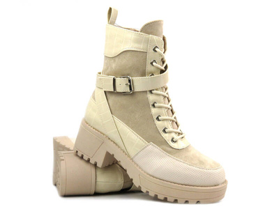 Ocieplane botki, trapery damskie  - Potocki 22-11077, beżowe