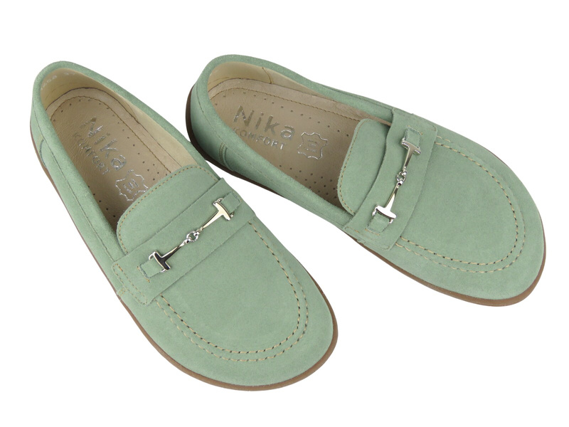 Skórzane damskie mokasyny barefoot Nika Komfort 1458 zielone – minimalistyczny komfort
