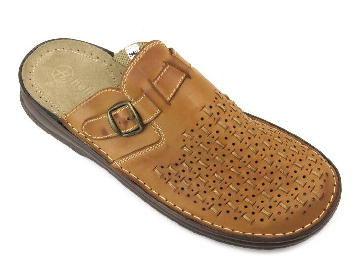 Klapki męskie z ażurową, plecioną i regulowaną cholewką - HELIOS Komfort 807, beżowe