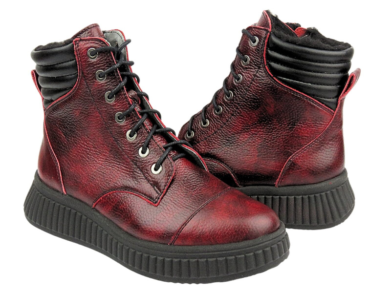 Skórzane Botki Damskie Polskiej Marki HELIOS Komfort 599 Czerwone Na Zamek