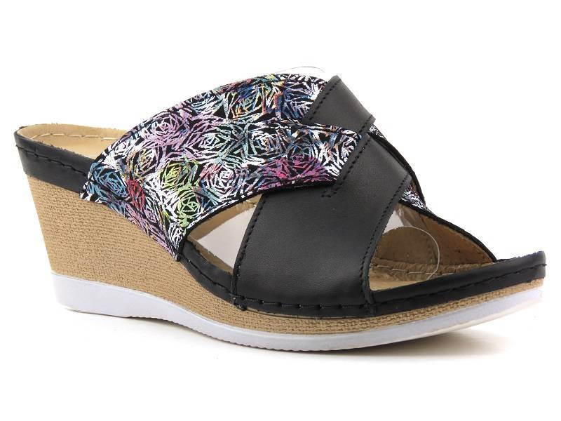 Skórzane klapki damskie na koturnie - HELIOS Komfort 297, czarne