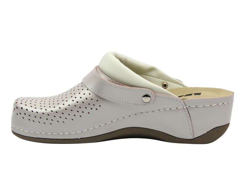 Skórzane Klapki Damskie Leon 2023 perłowe