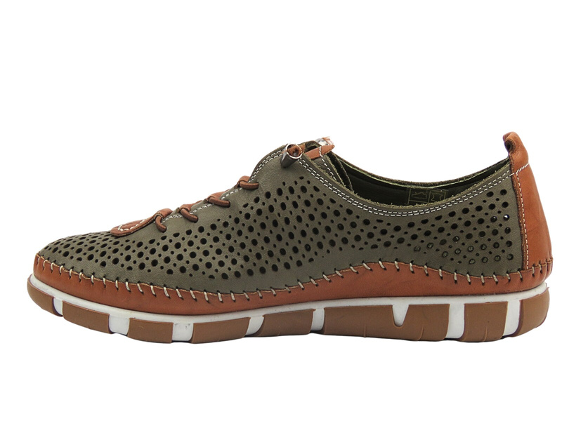 Skórzane, ażurowe półbuty damskie wiosenne - Nika Komfort HS475 khaki