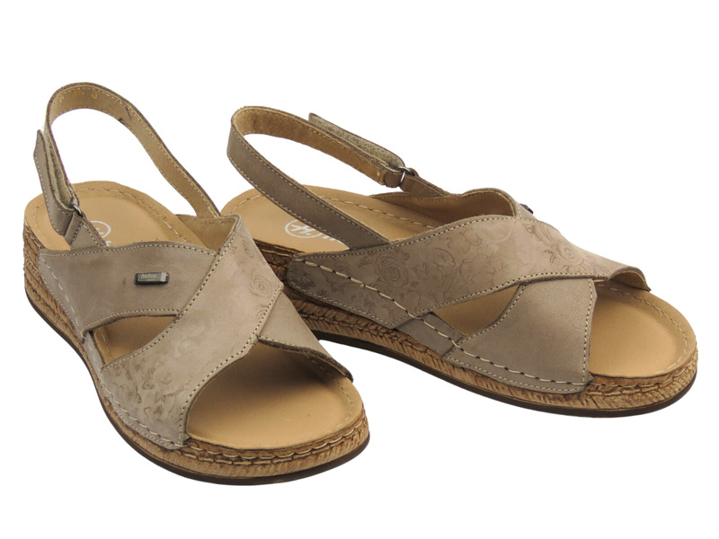Skórzane sandały damskie na rzep beżowe Helios Komfort 146