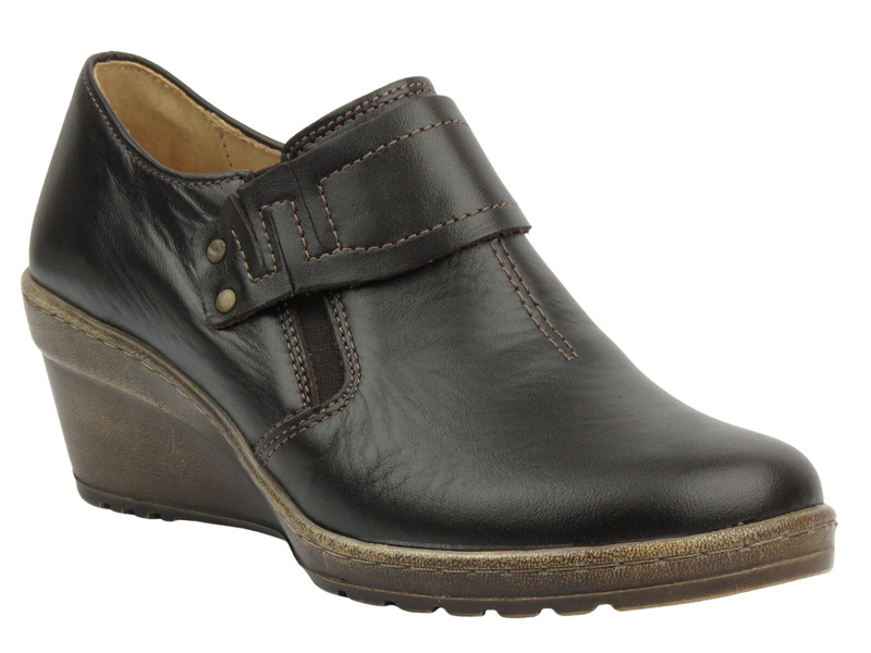 Skórzane półbuty damskie na koturnie - HELIOS Komfort 640, ciemnobrązowe na suwak