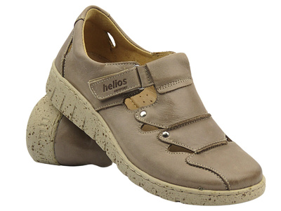 Skórzane półbuty damskie zapinane na rzep - Helios Komfort 780S, beżowe
